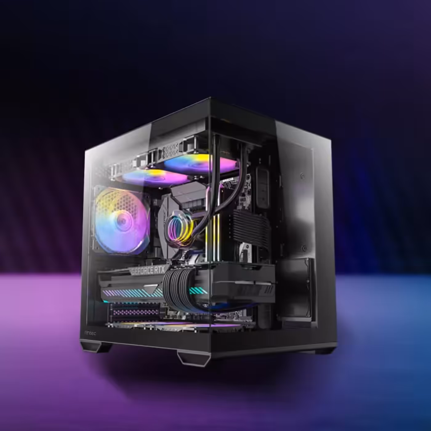 Panoramic 270 degree tempered glass view of the Antec CX60M case