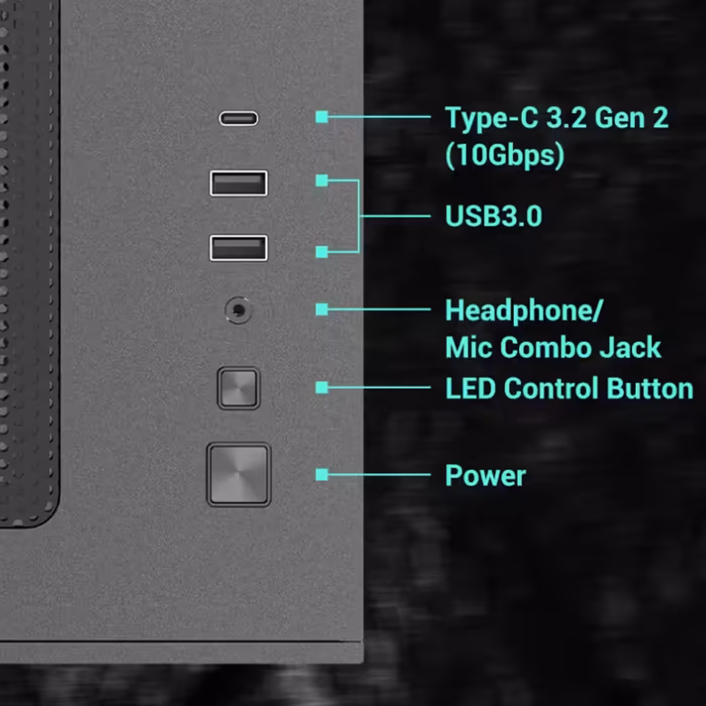 Antec CX60M front I/O panel featuring USB Type-C and LED control