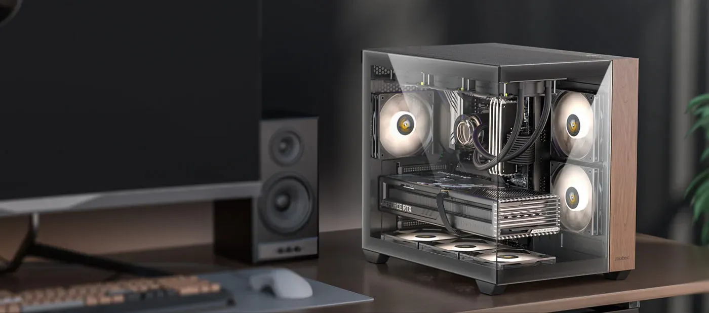 Antec CX800 Wood ARGB Gaming Case featuring a modern black and wood finish