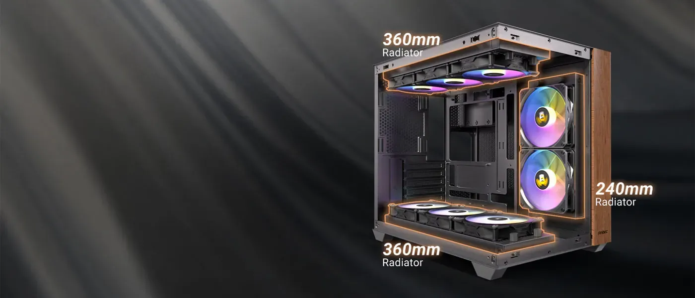 Cooling support showing radiator installation options in the Antec CX800