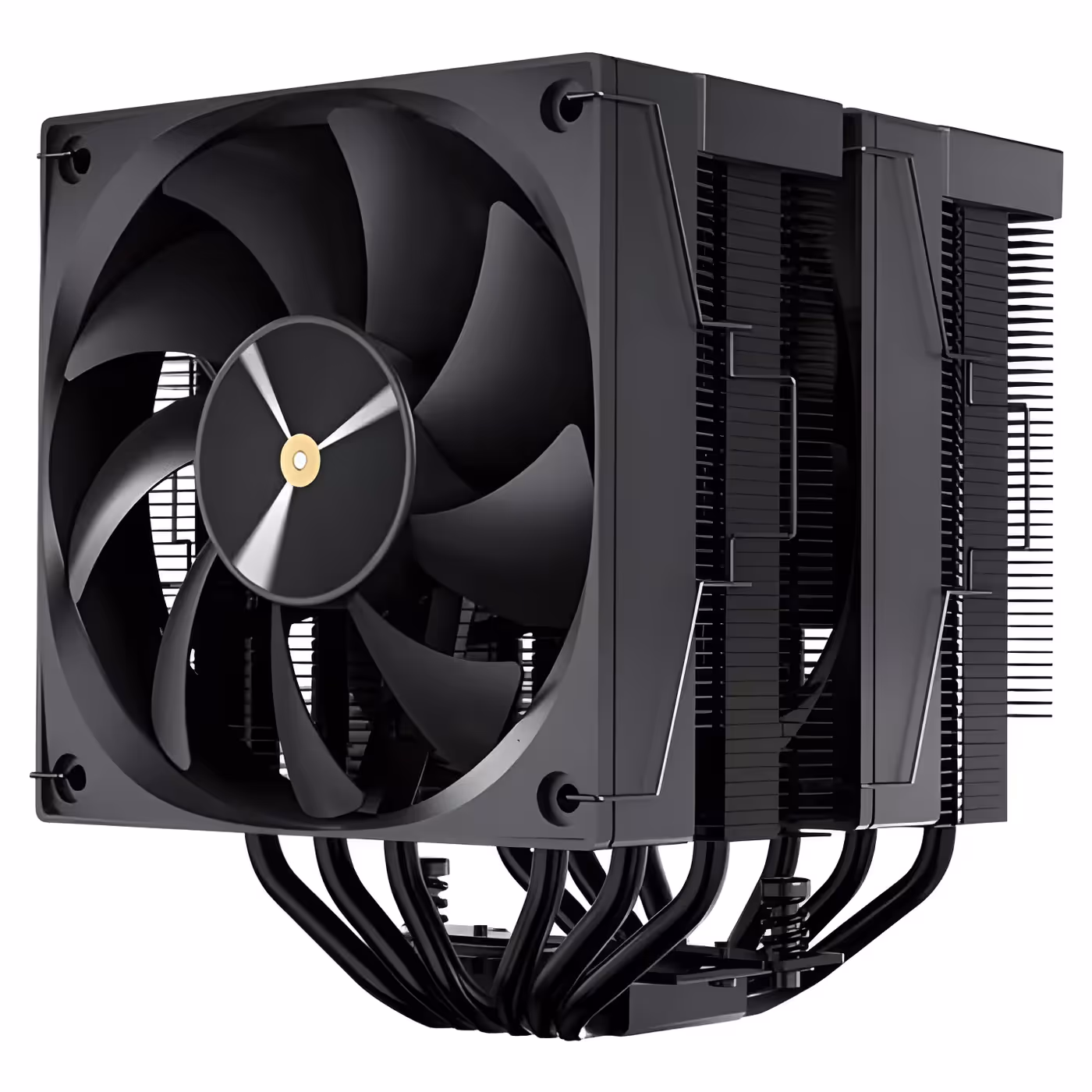 Front view of the black F620 Digital Pro with its 120mm fan and heat pipes under the towers