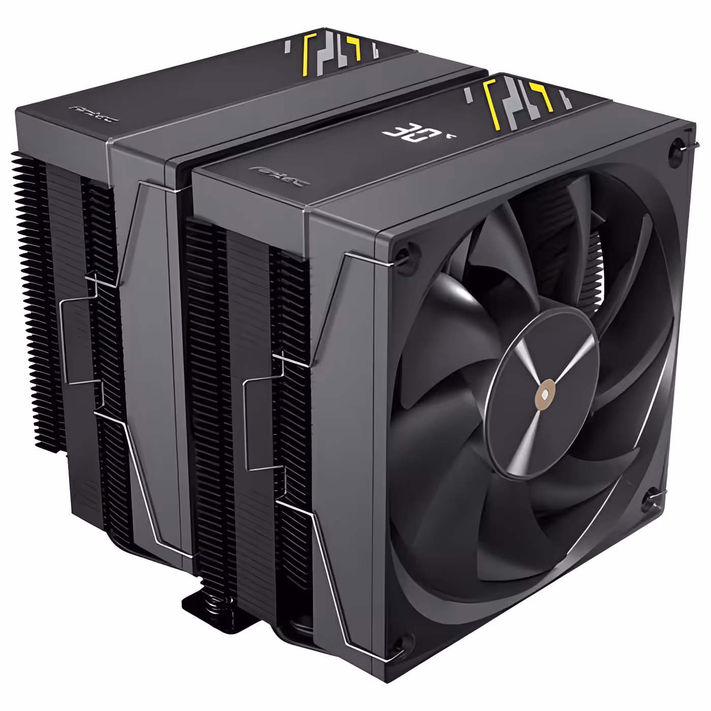 Corner view of the black F620 Digital Pro with the front fan and tower fins