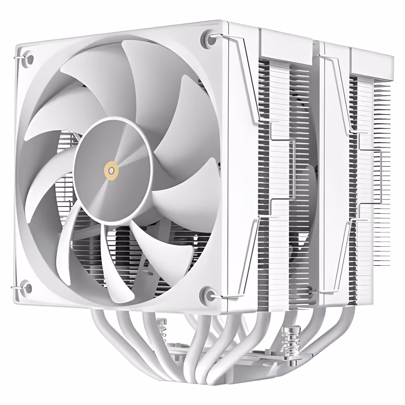 Front view of the white F620 Digital Pro with a white 120mm fan and white heat pipes