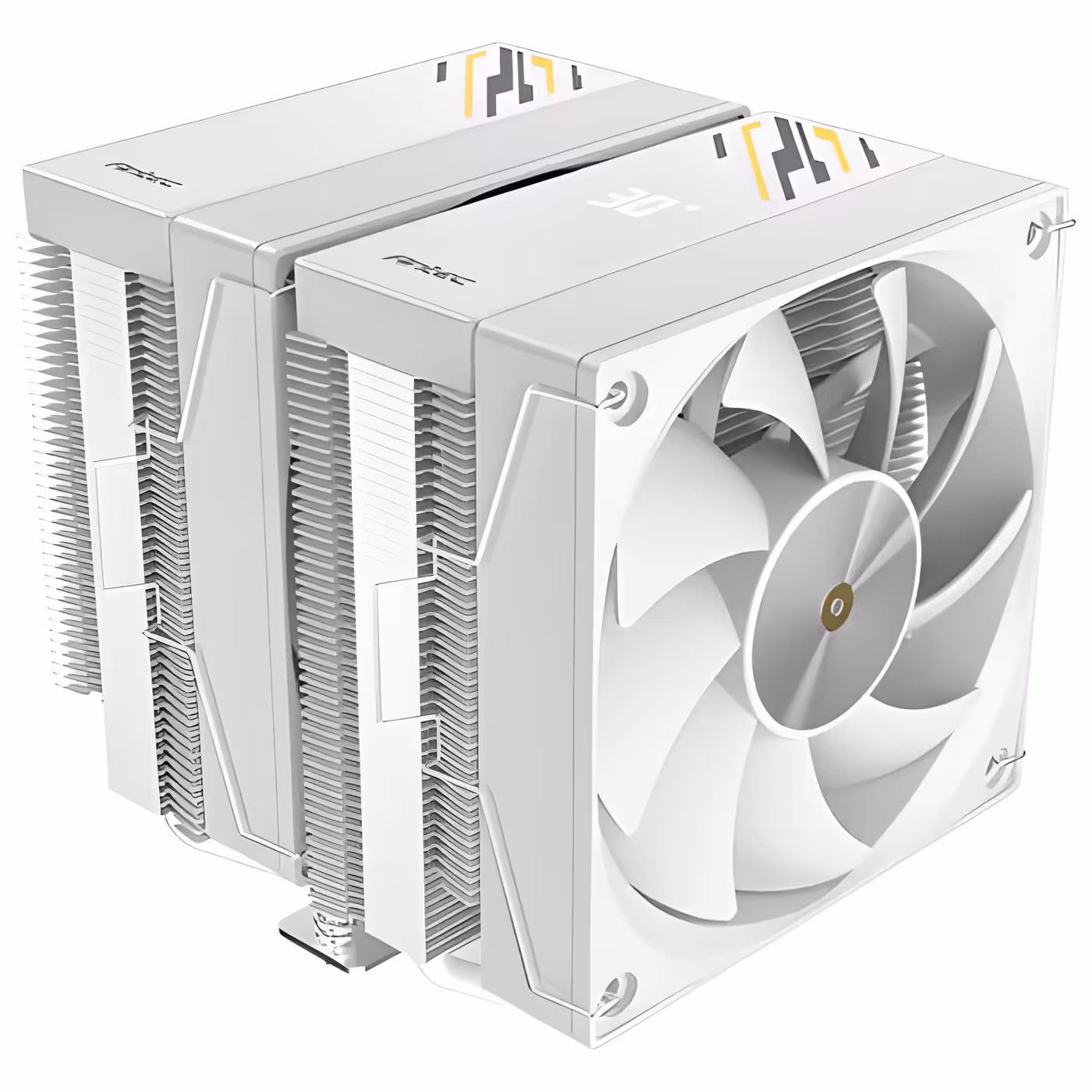 Corner view of the white F620 Digital Pro with the front fan over the tower fins