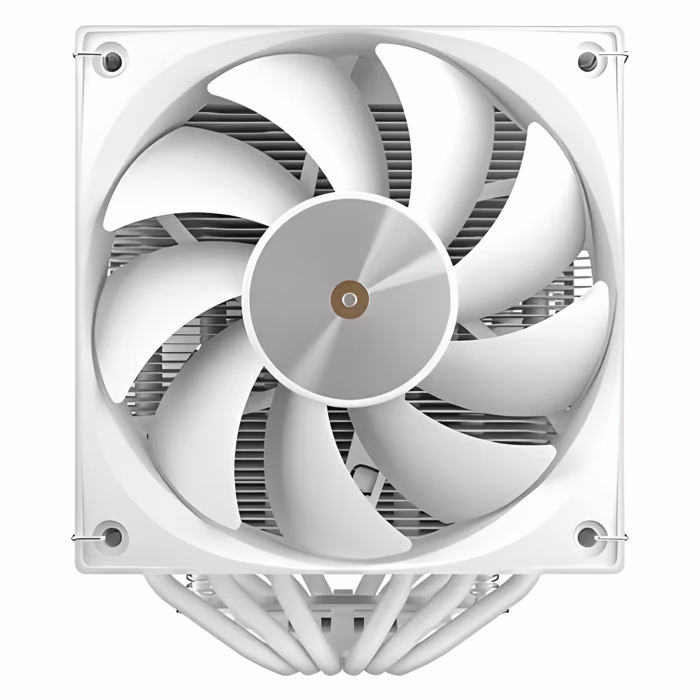 Front-on view of the white F620 Digital Pro fan with a gold centre hub