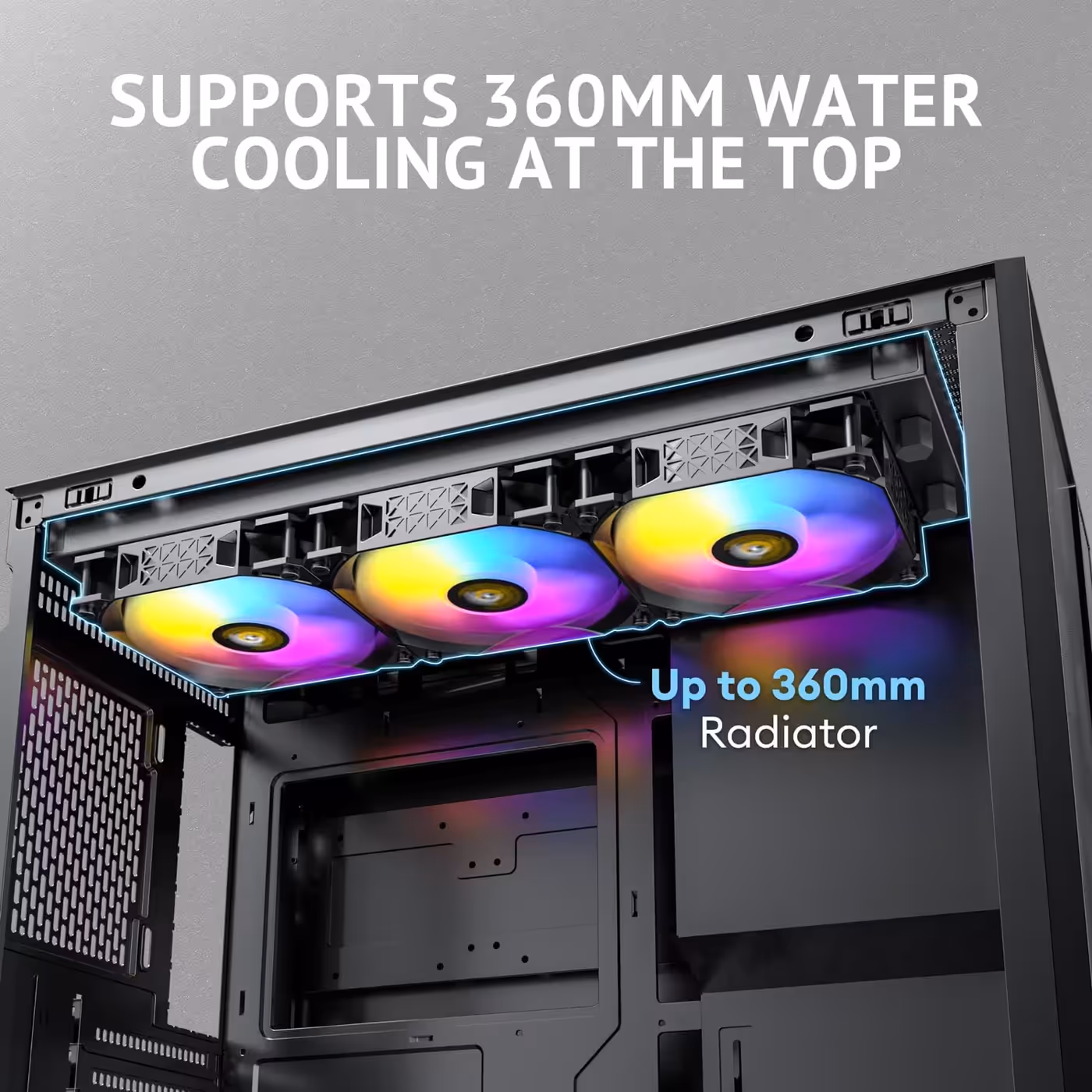Antec Flux M with a 360mm radiator and three ARGB fans mounted at the top