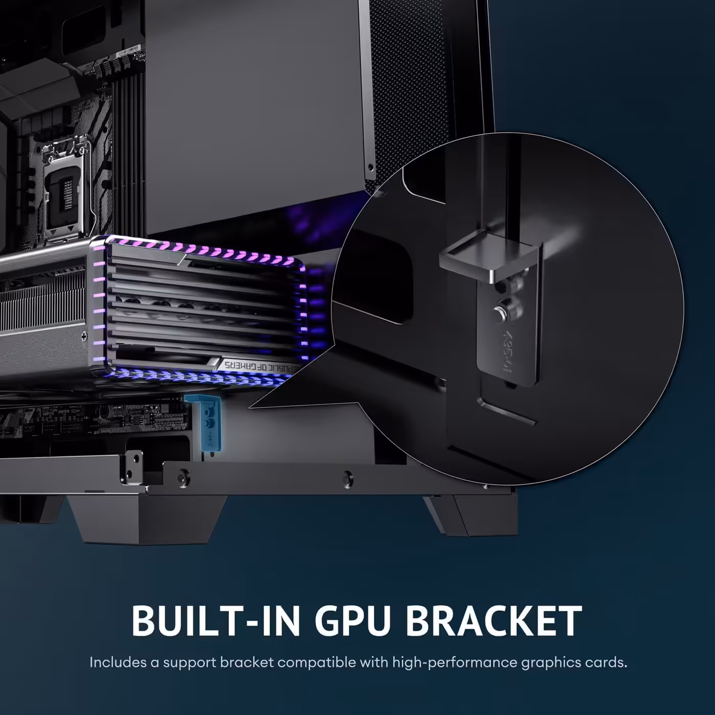 Antec Flux M interior showing the built-in GPU bracket under a graphics card