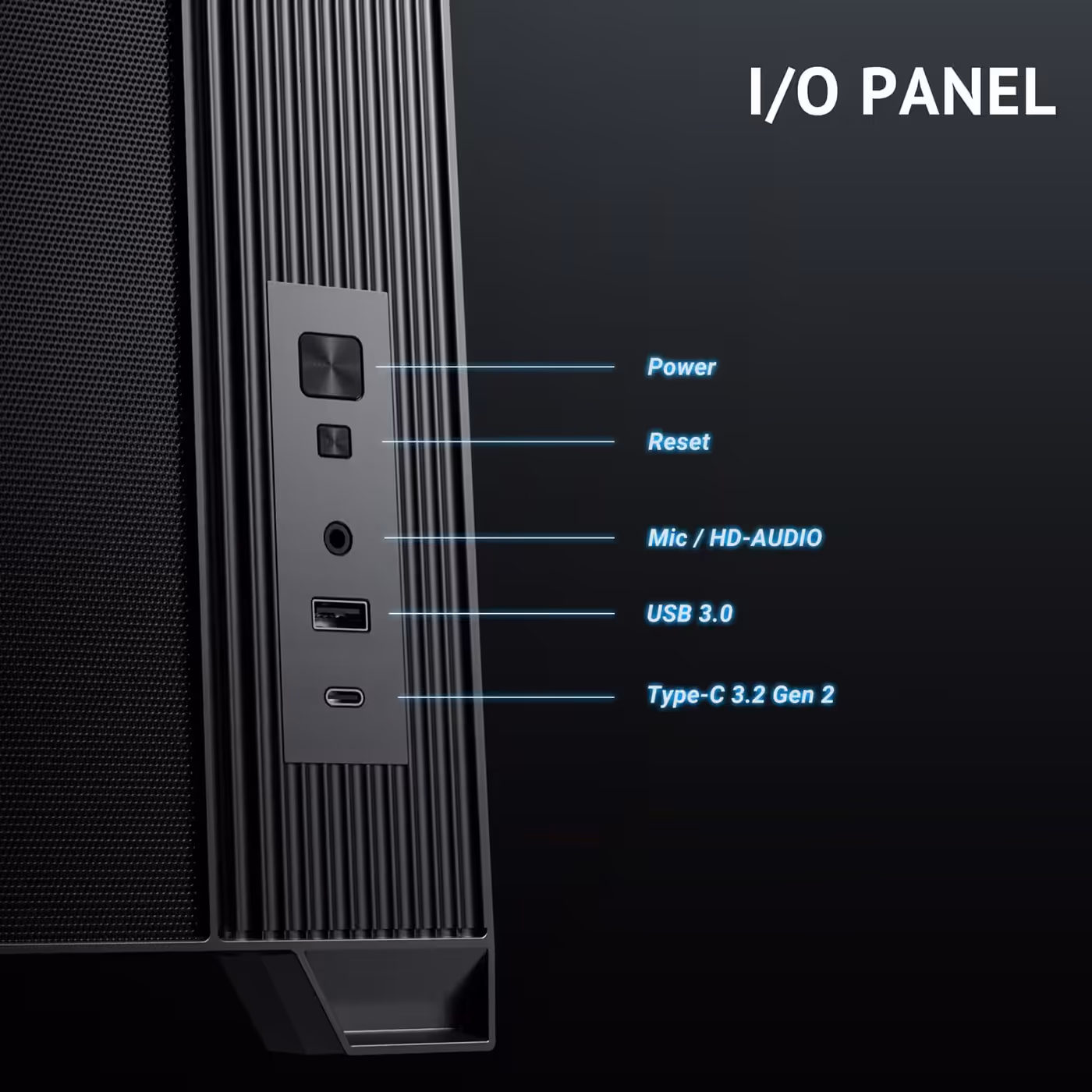 Antec Flux M front I/O panel with labelled power, reset, audio, USB 3.0 and USB Type-C