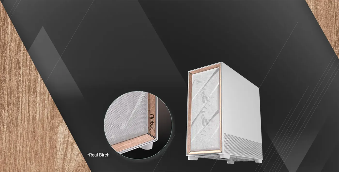 Close-up of the premium birch-wood and airflow mesh front panel design