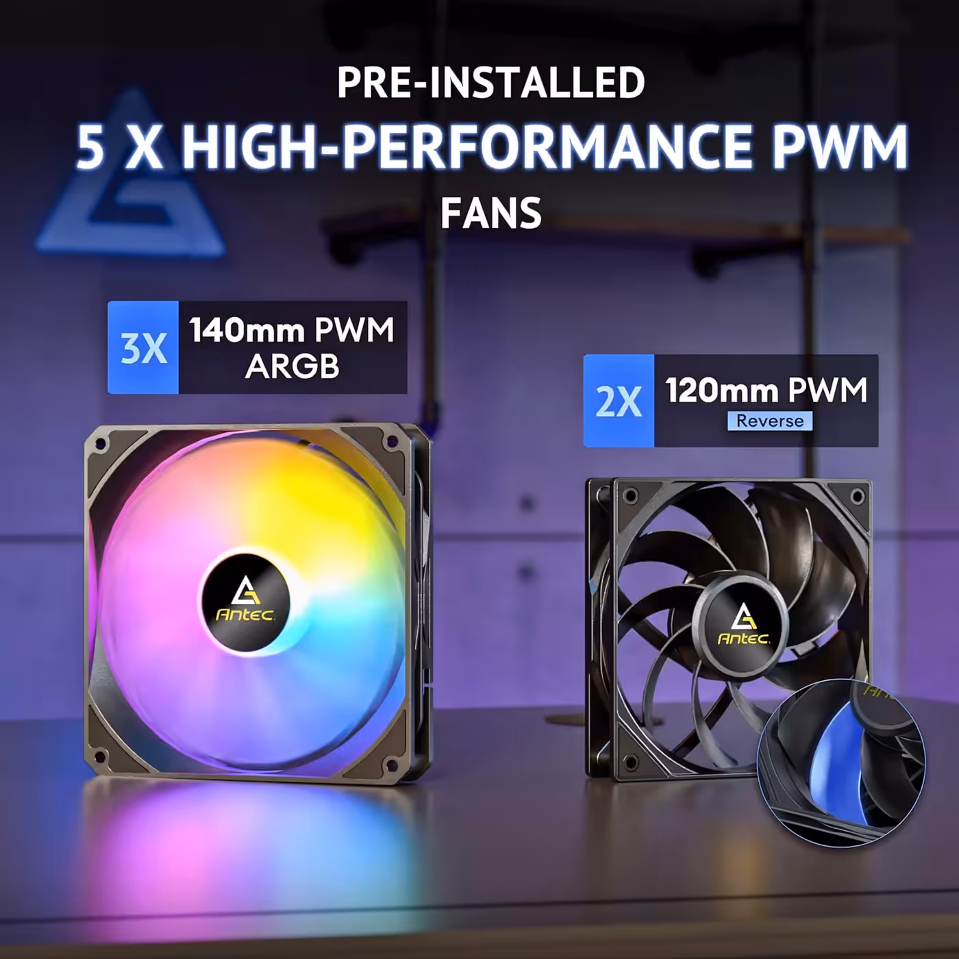 Slide showing the three 140mm ARGB PWM fans and two 120mm PWM reverse fans of the Antec Flux Rear