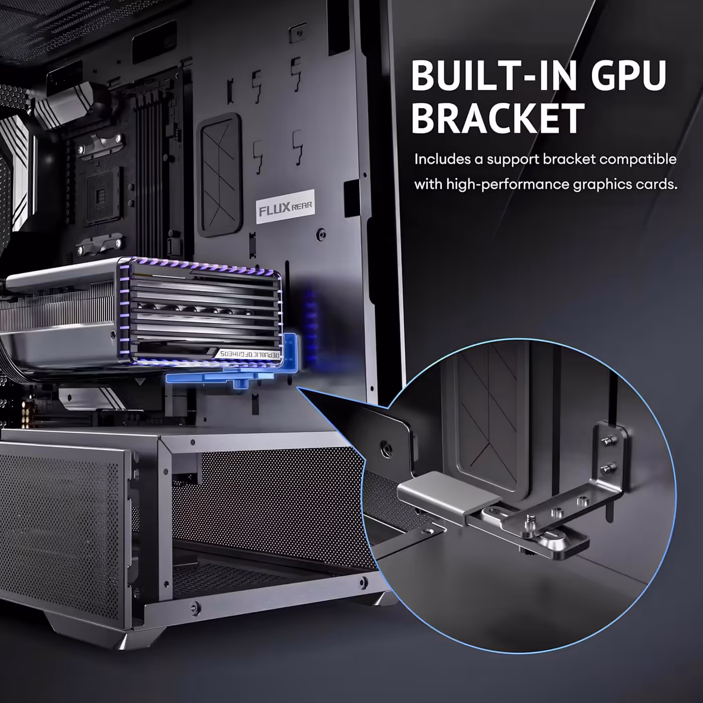 Built-in GPU support bracket of the Antec Flux Rear holding a graphics card