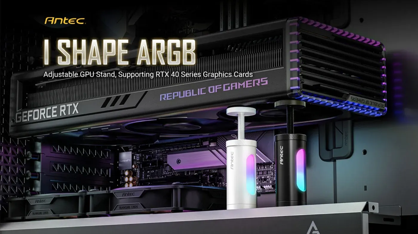 Antec I Shape ARGB adjustable GPU stand in white, shown upright