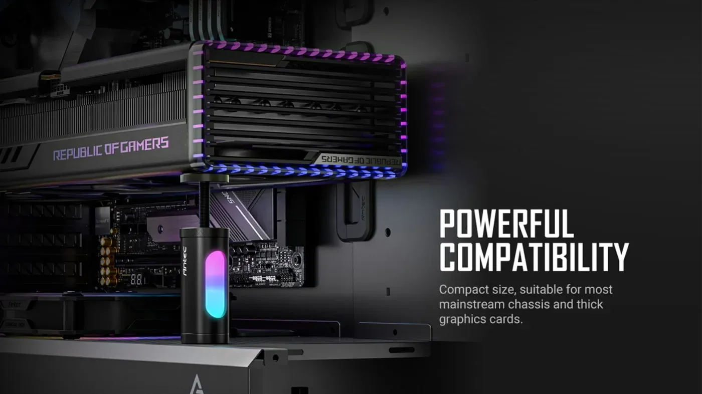 Side profile of the Antec I Shape ARGB GPU stand showing its adjustable column