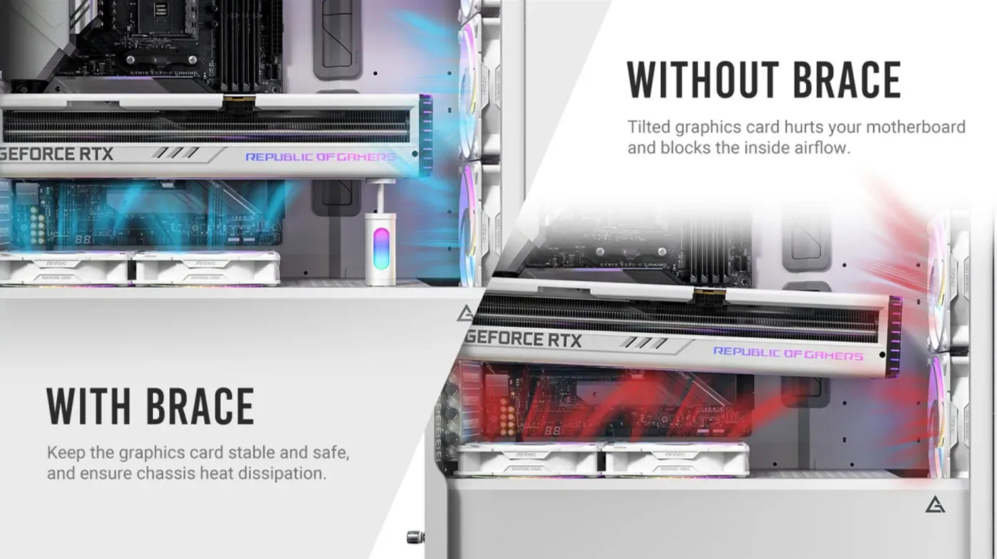 The Antec I Shape ARGB GPU stand with its RGB lighting illuminated