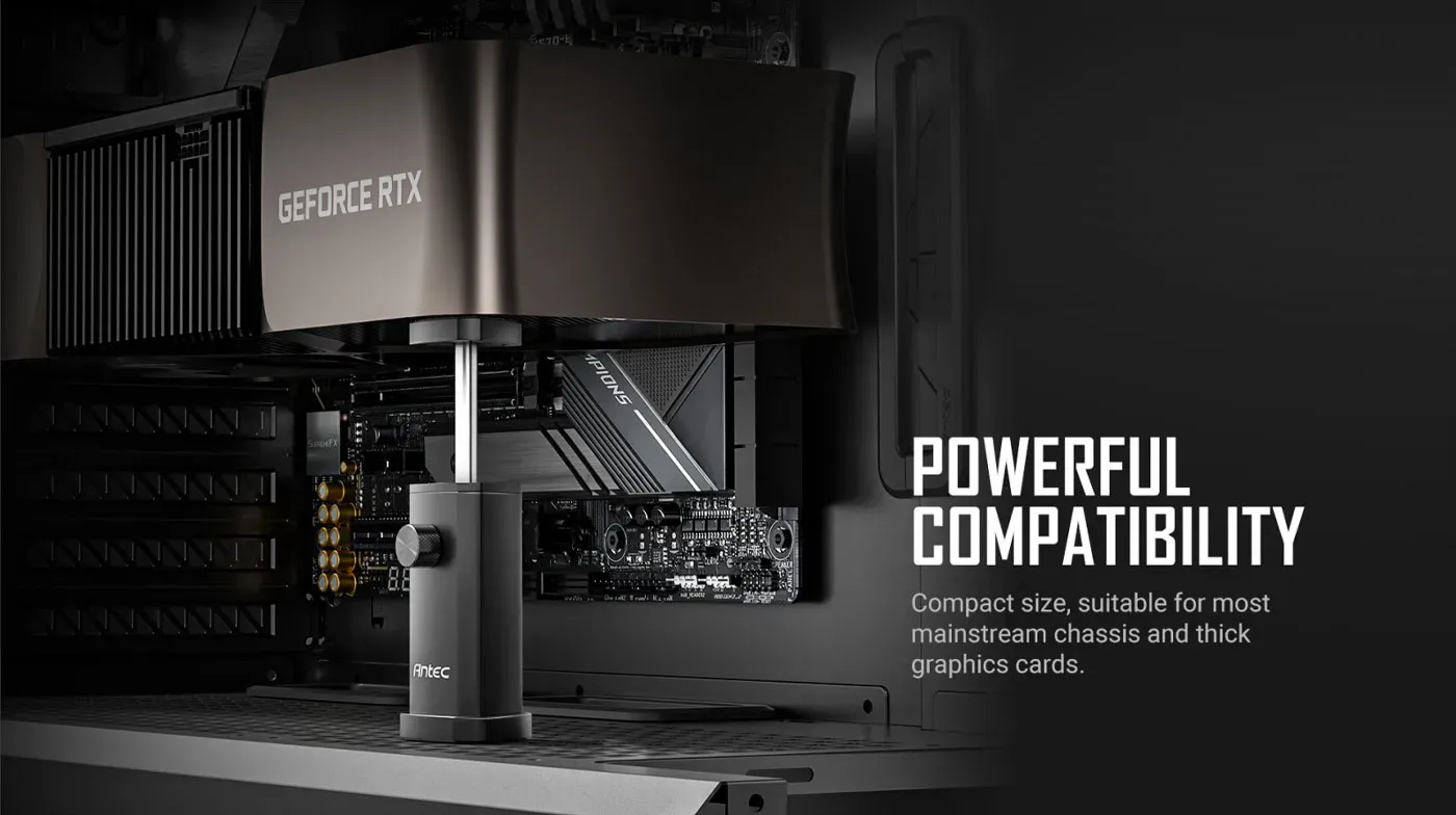 Side view of the Antec I Shape Prism GPU stand showing its adjustable height