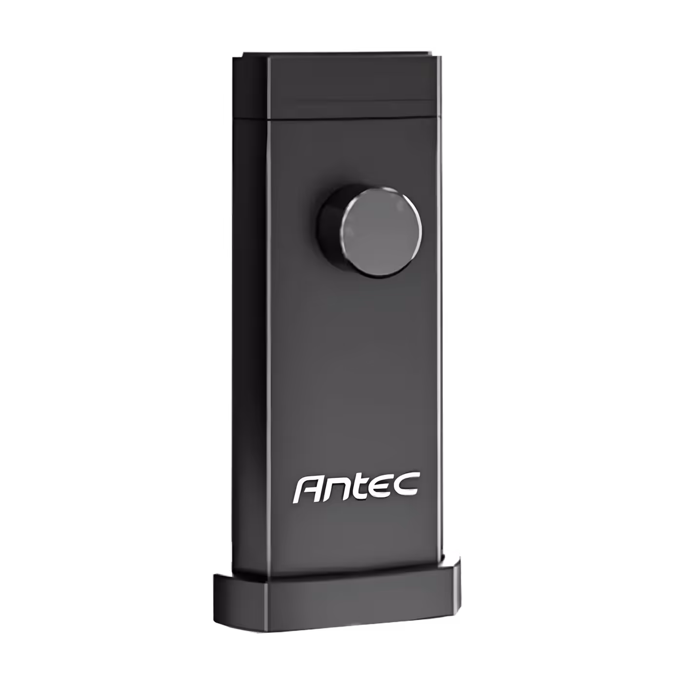 Close view of the black Antec I Shape Prism body with a round knob, Antec logo and flared base