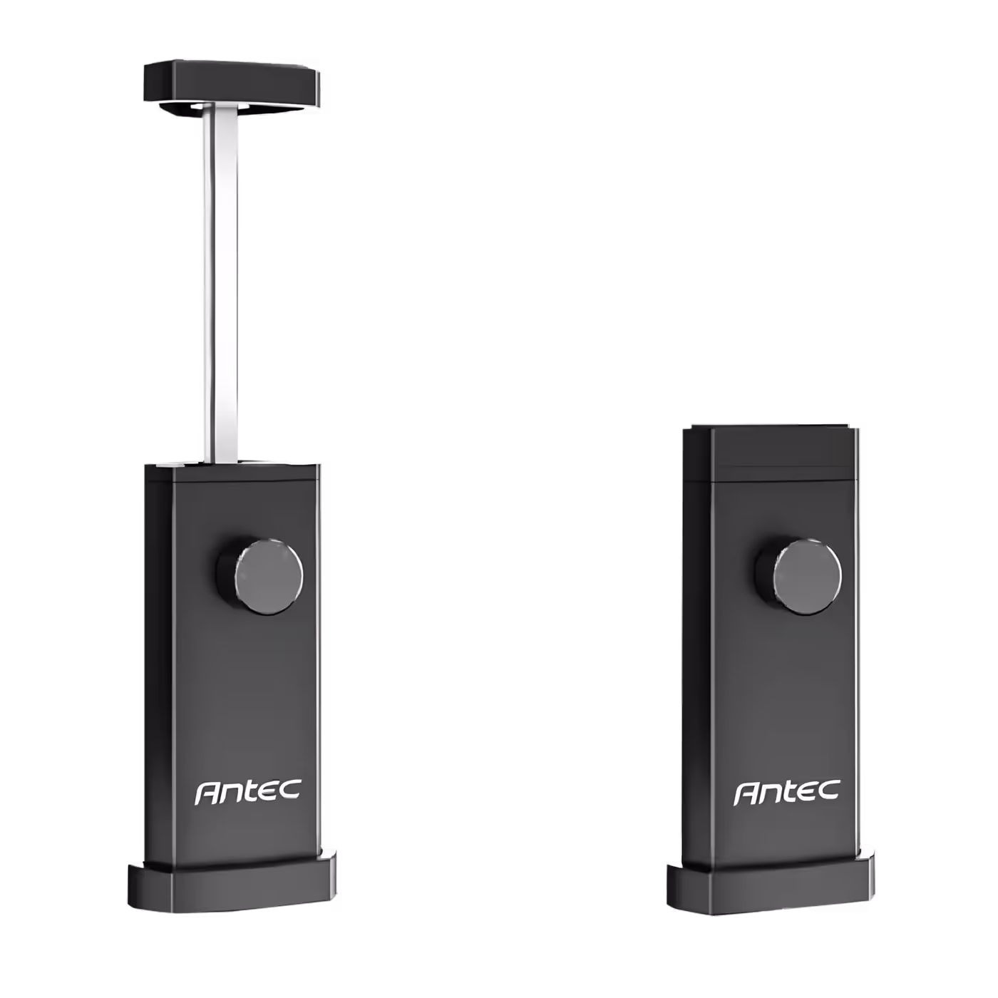 Two black Antec I Shape Prism stands on grey, one with the post raised and one lowered