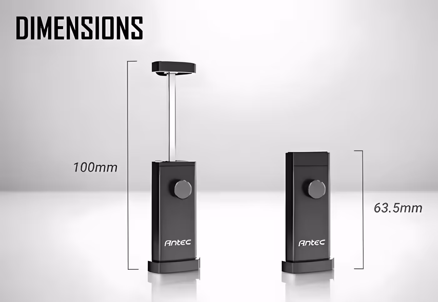 Antec drawing of the black I Shape Prism stand extended to 100mm beside a shorter one at 63.5mm