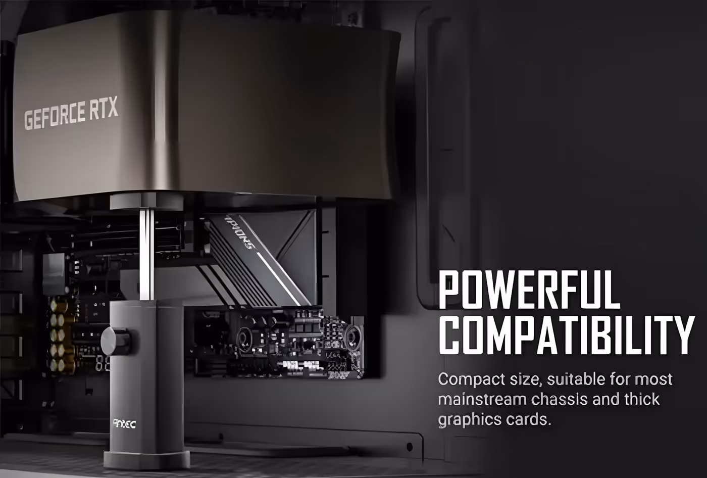Black Antec I Shape Prism stand holding a large RTX graphics card level in a PC case