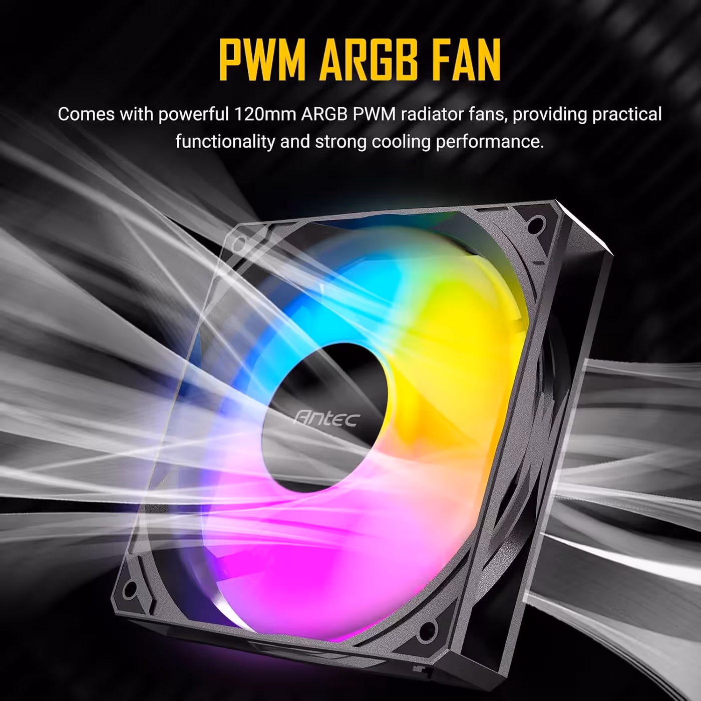 Black 120mm ARGB PWM fan of the Luna 360 with rainbow-lit blades and airflow streaks