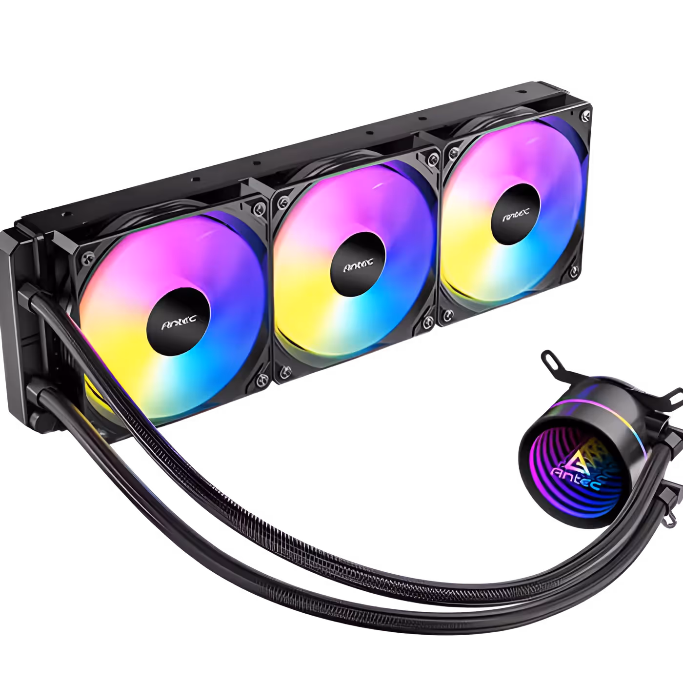 Antec Luna 360 ARGB black liquid cooler with three rainbow-lit fans on the radiator and the pump head on braided hoses