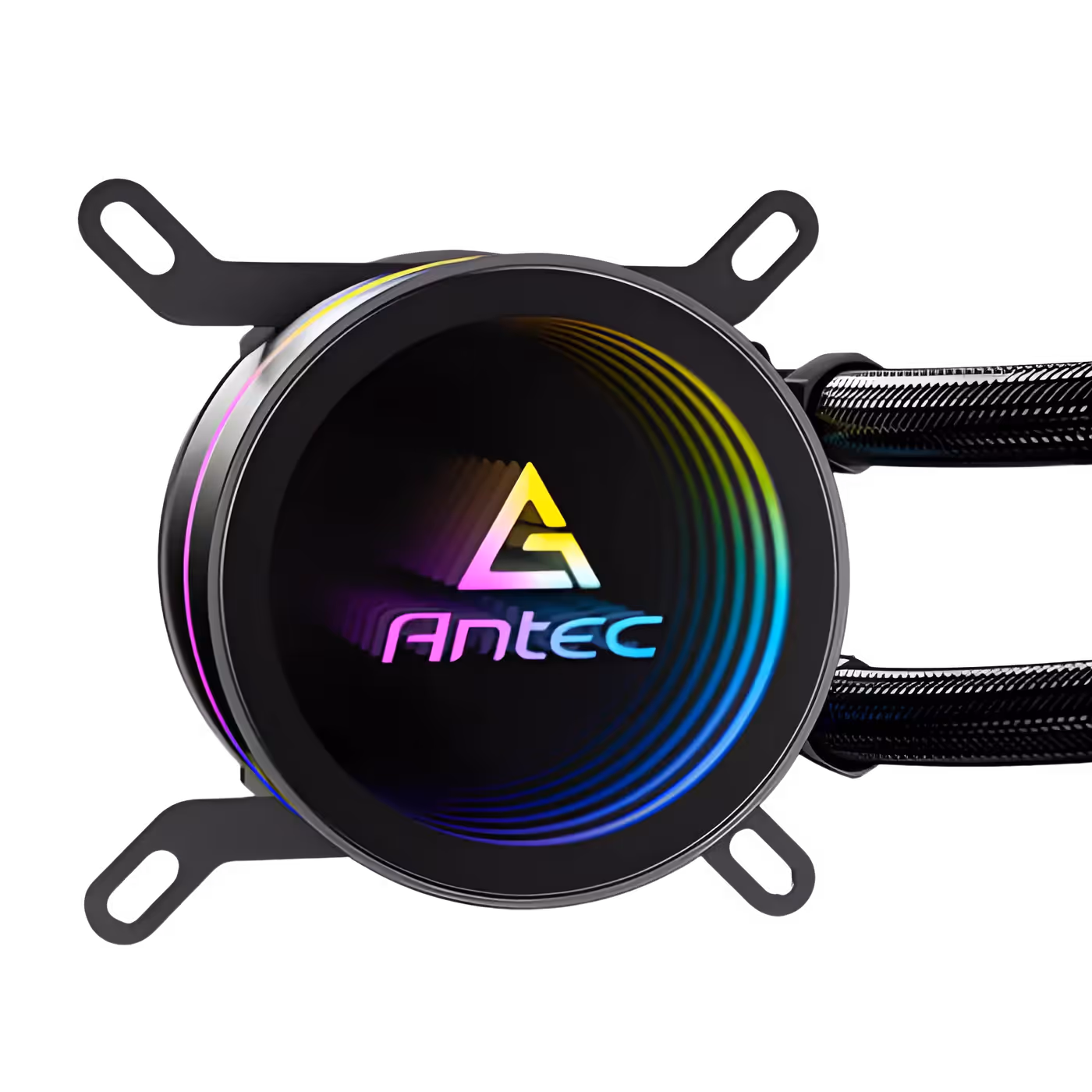 Round black Antec Luna 360 pump head with an infinity mirror cap showing the logo in colour