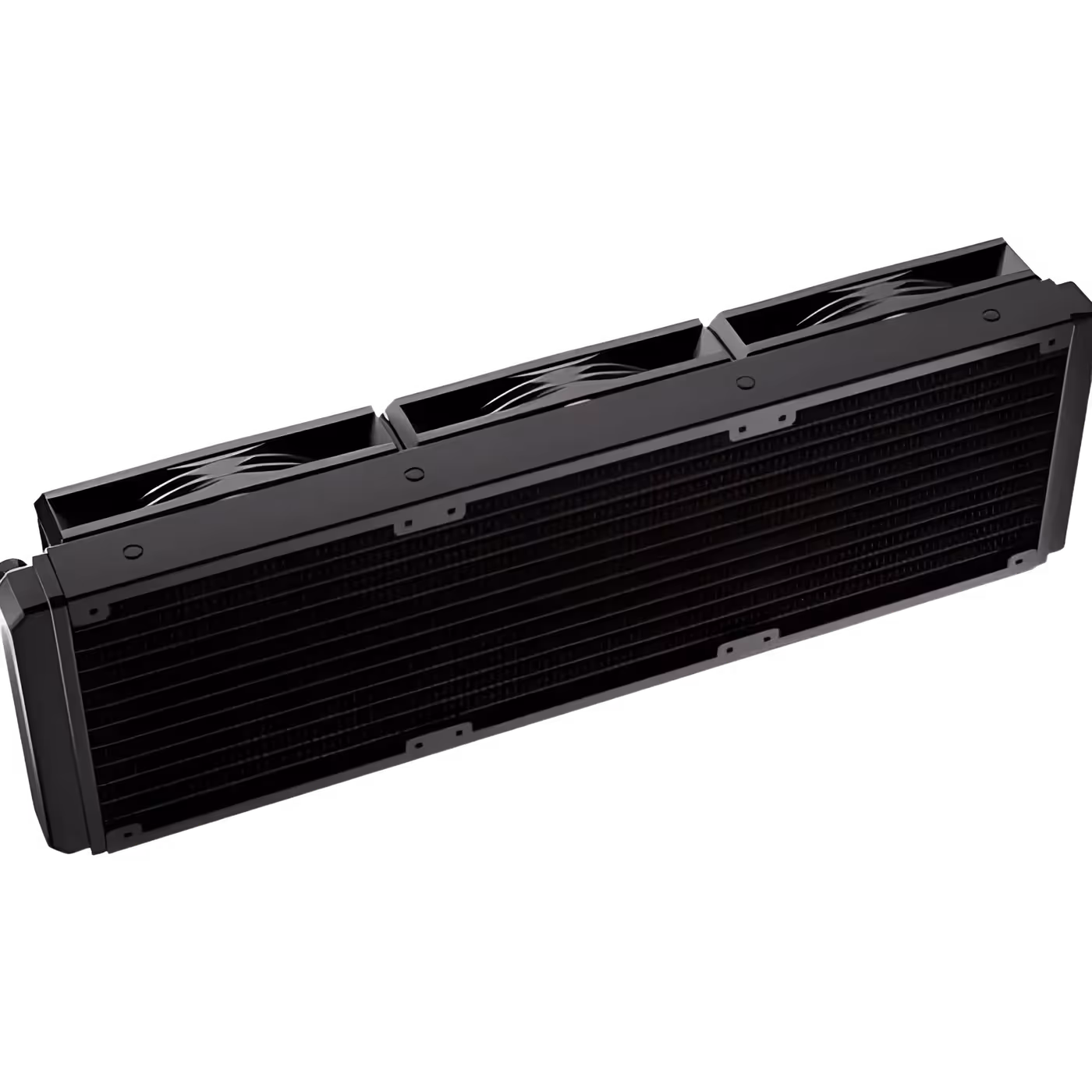 Black 360mm aluminum radiator of the Antec Luna 360 shown at an angle