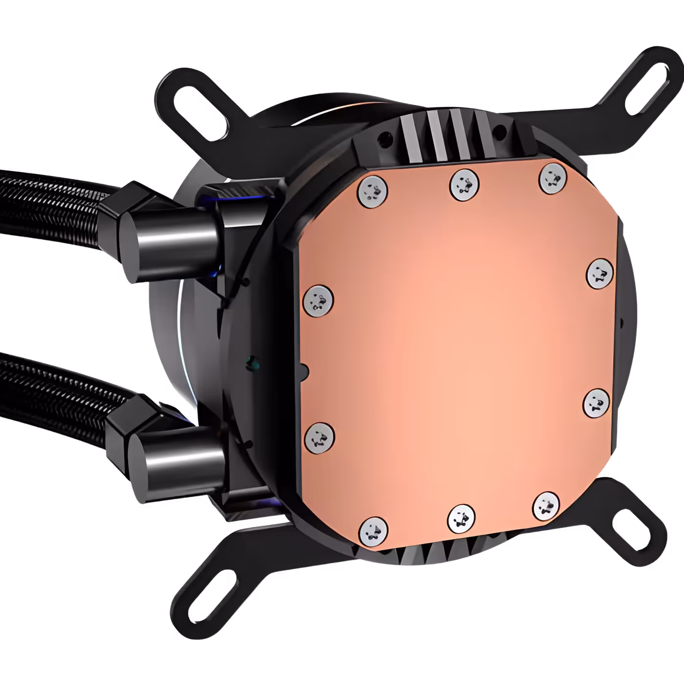 Underside of the black Luna 360 pump head showing the copper base plate and mounting arms