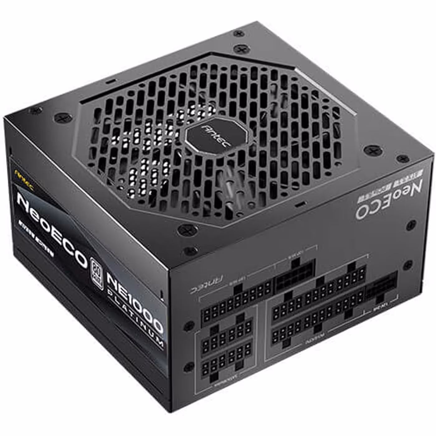 Antec NeoECO NE1000 Platinum power supply, front three-quarter view with the label and fan grille