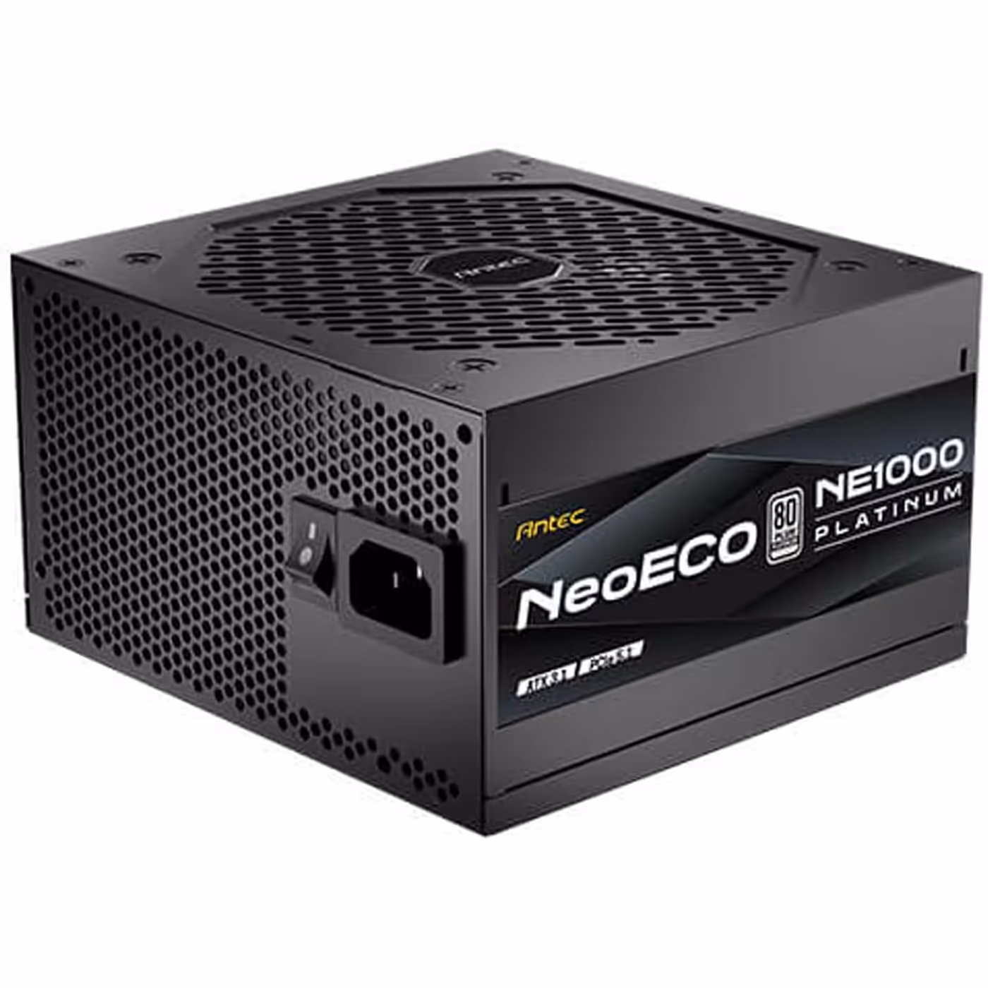 Antec NeoECO NE1000 Platinum power supply seen from the rear with the AC inlet and switch