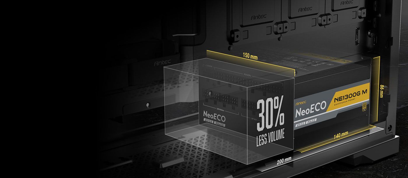 Compact chassis of the Antec NeoECO NE1300G power supply shown from the side