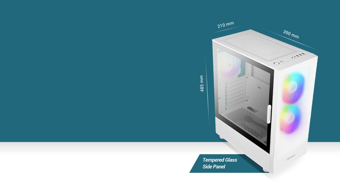 Interior and exterior view of the Antec NX410 case showing cooling and expansion layout