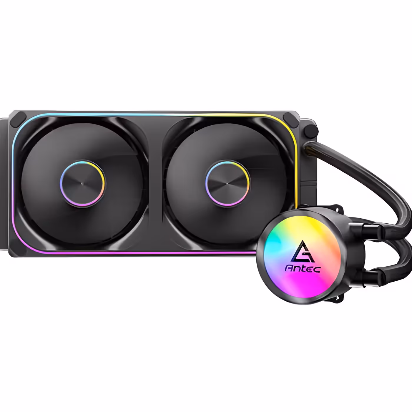 Front view of the black Omni Matrix 240 with two fans ringed in ARGB light and the pump head at the side
