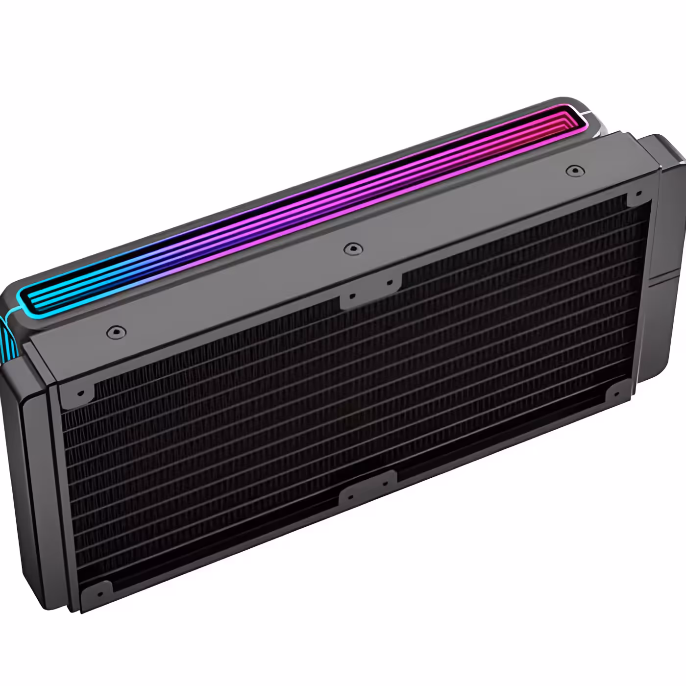 Black Omni Matrix 240 radiator from above with a lit ARGB strip along the top edge