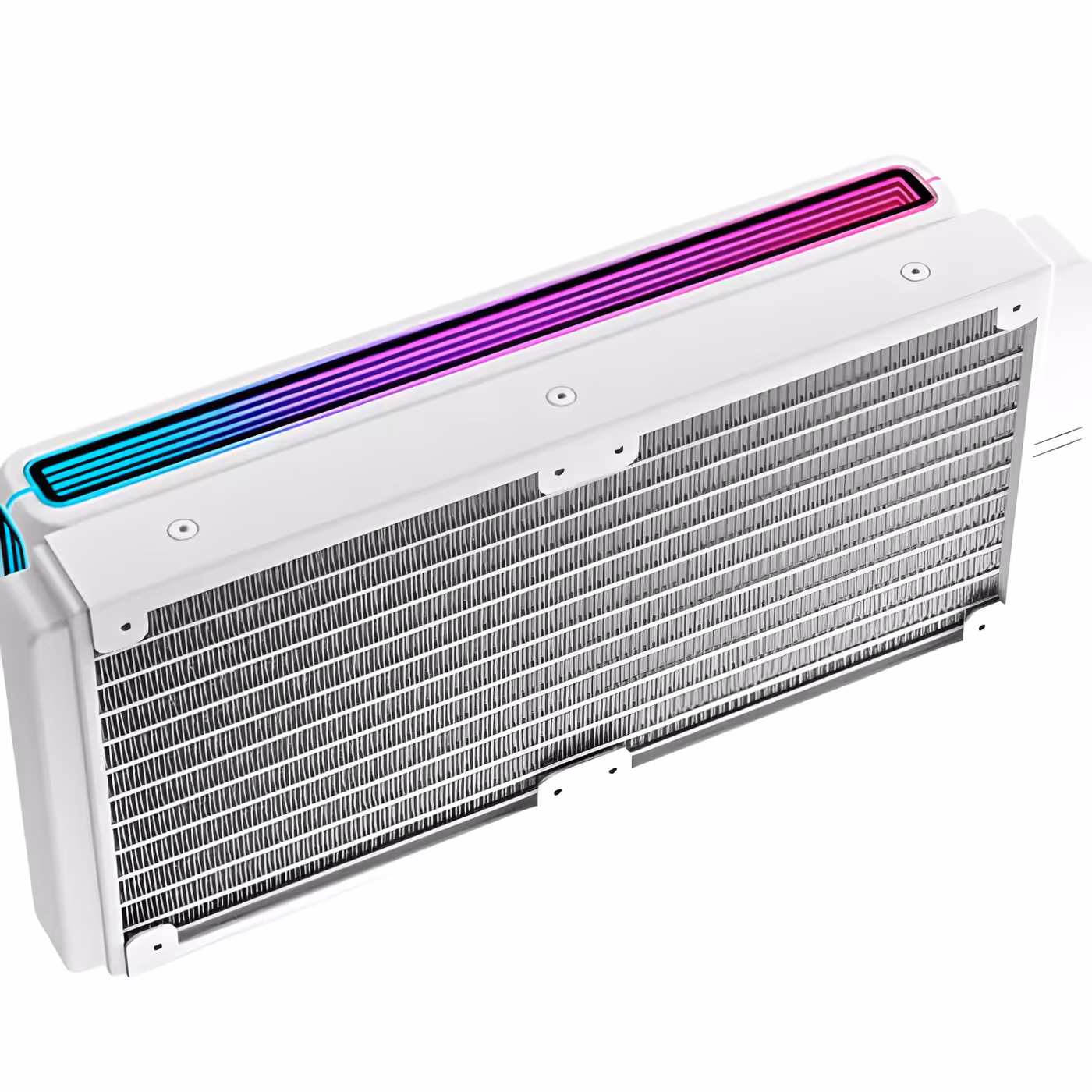White Omni Matrix 240 radiator from above with a lit ARGB strip along the top edge