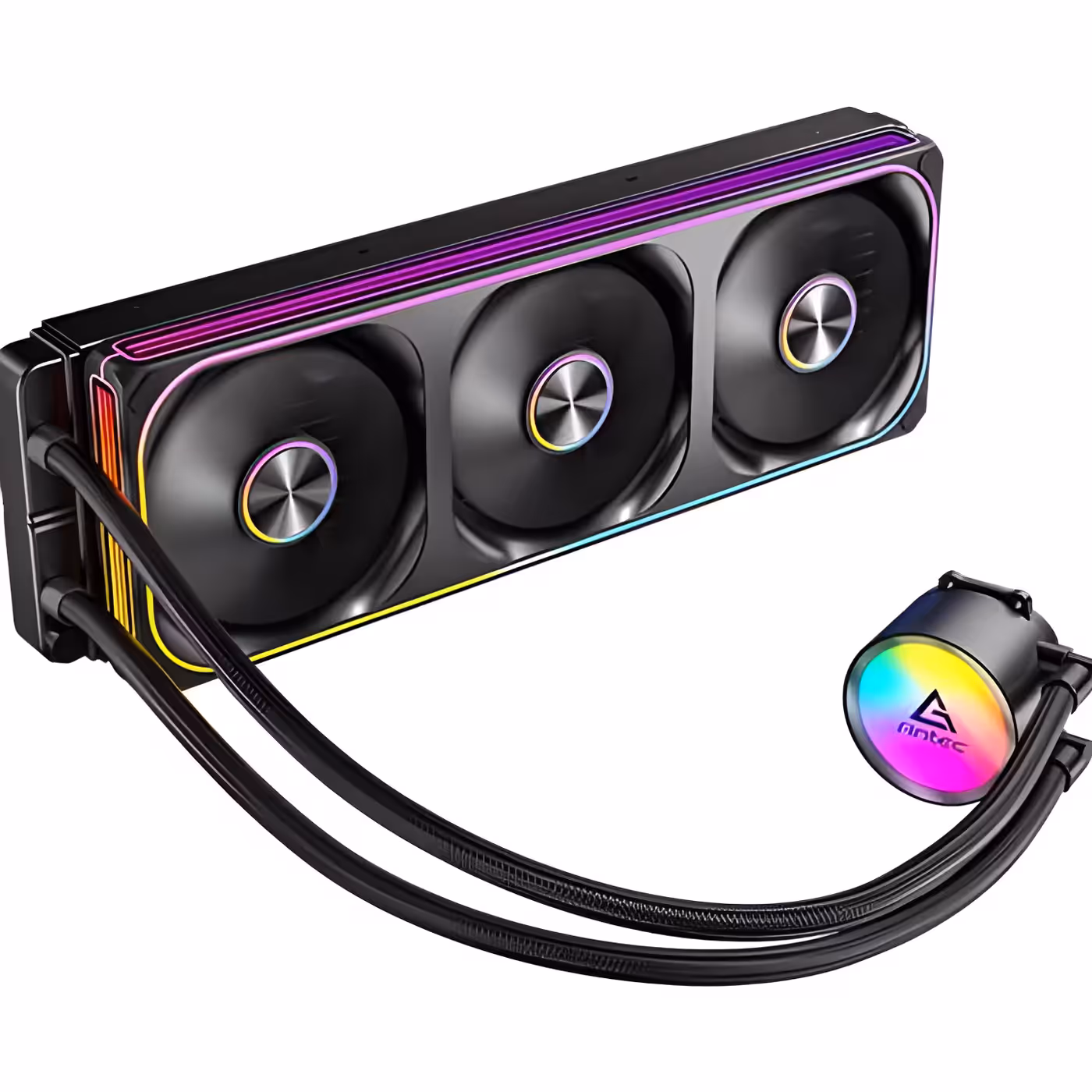 Antec Omni Matrix 360 ARGB Black cooler with lit frame edges, three black fans and a pump head on black hoses
