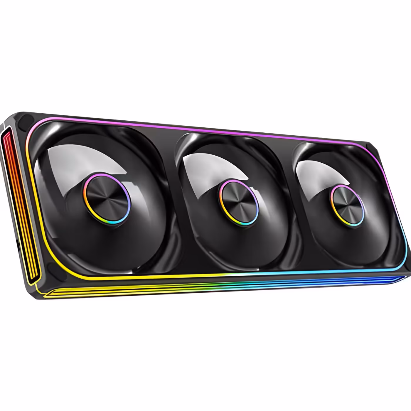 Angled view of the black Omni Matrix 360 fan frame with three fans and lit infinity mirror edges