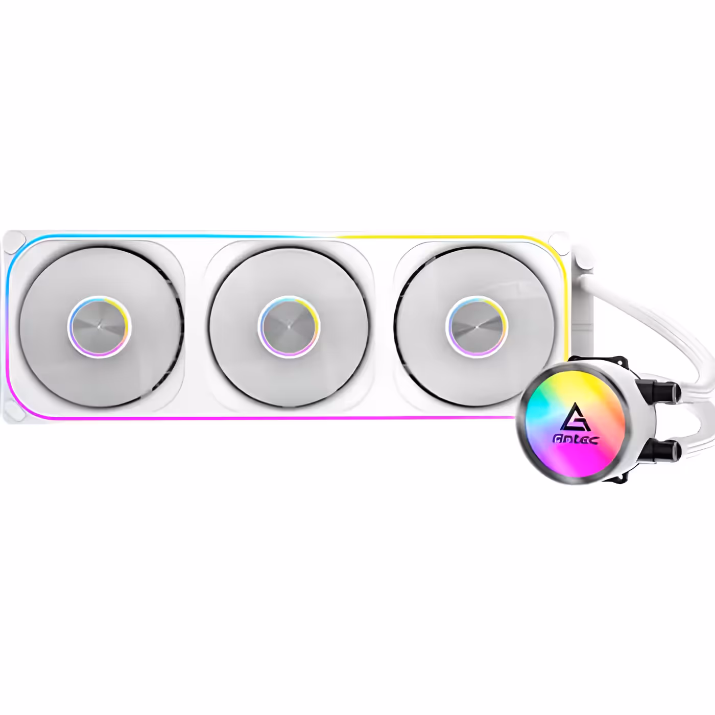 Front view of the white Omni Matrix 360 with three white fans, ARGB rings and the pump head at the side