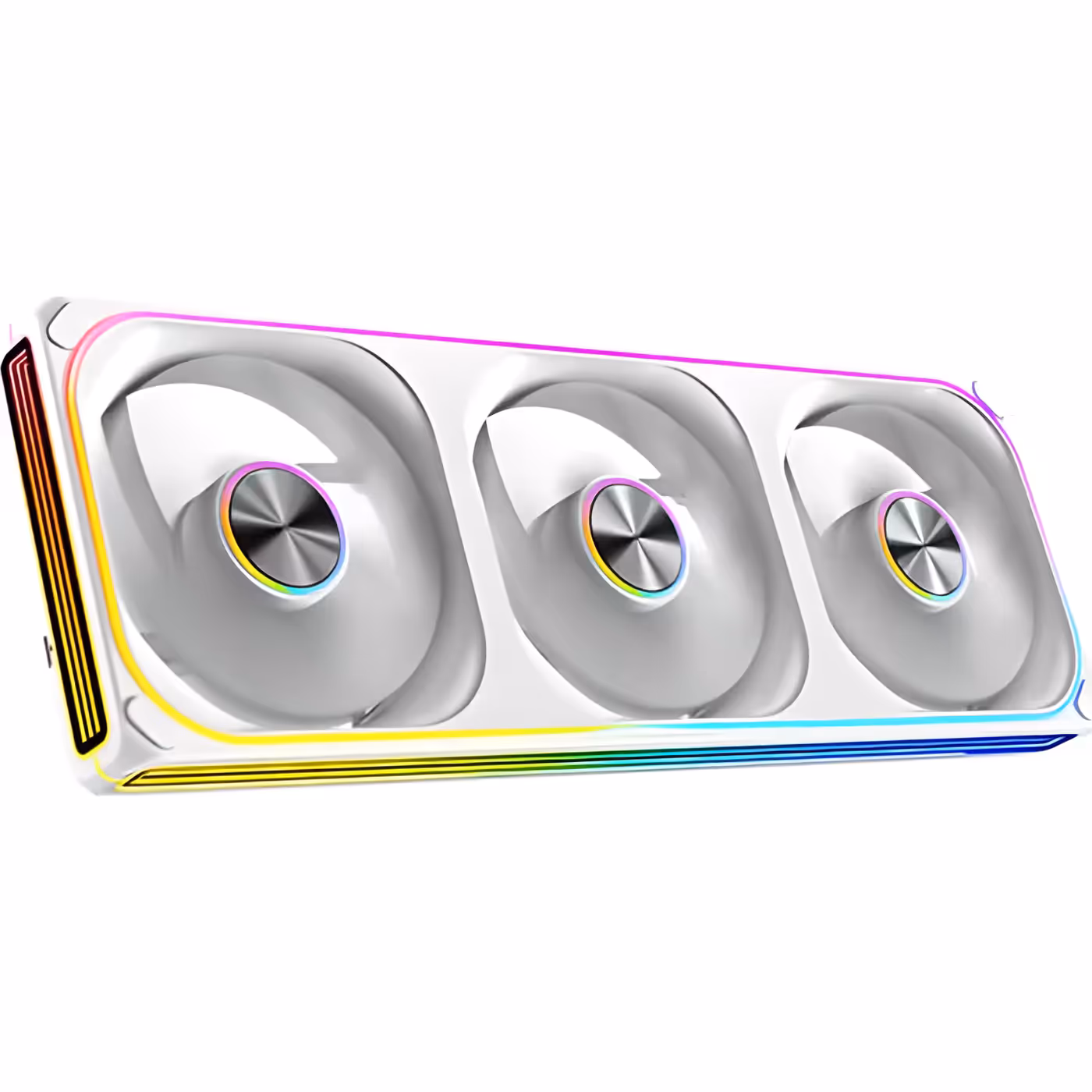 Angled view of the white Omni Matrix 360 fan frame with three white fans and lit infinity mirror edges