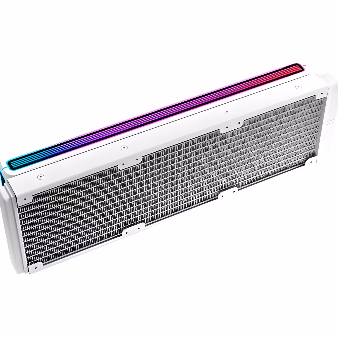 White Omni Matrix 360 radiator from above with a lit ARGB strip along the top edge
