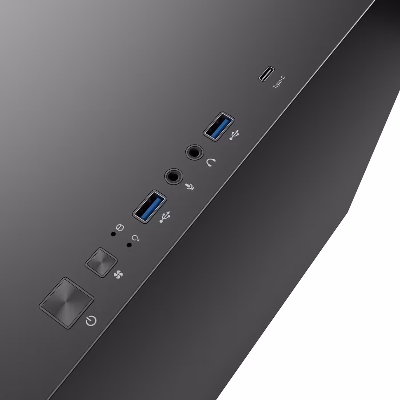 Close-up of the Antec P10C front I/O with USB ports, audio jacks, power button and a Type-C port, black