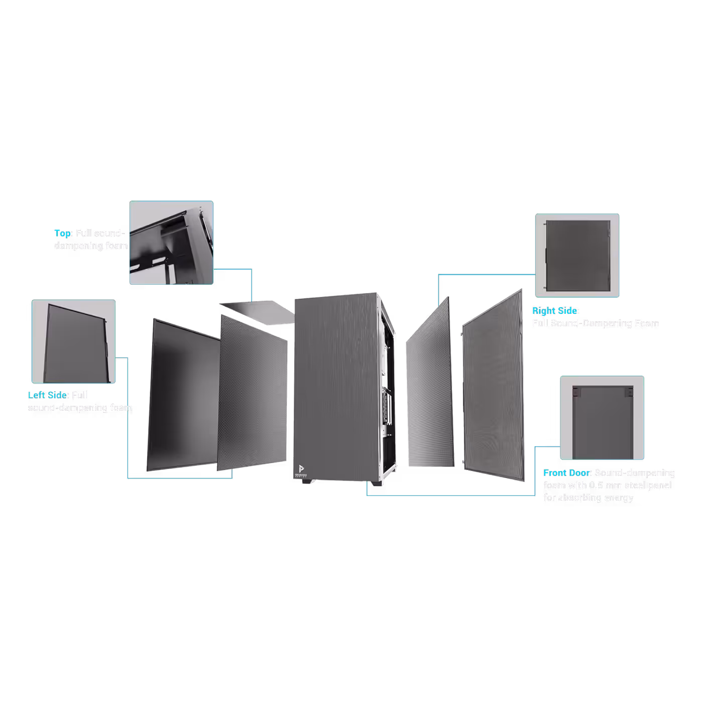 Black Antec P10C with its front, top and side panels pulled away from the frame in an exploded view