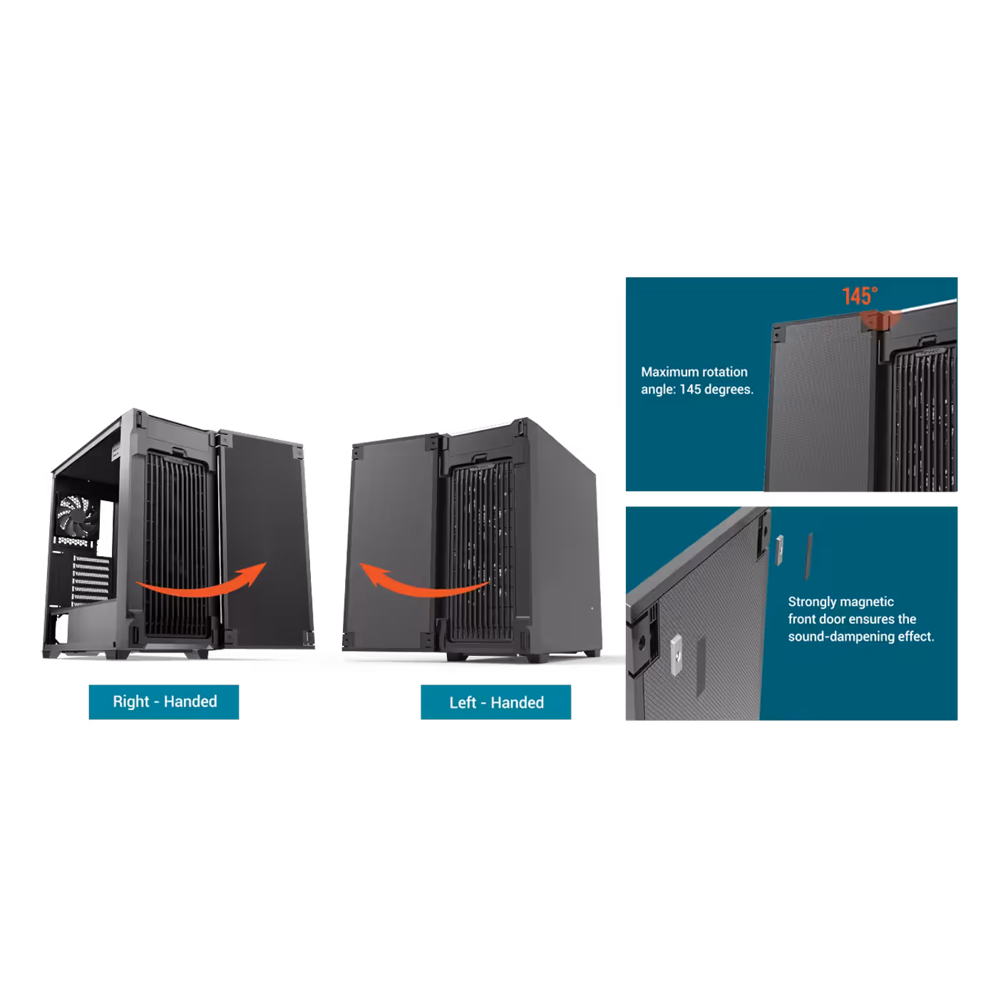 Two Antec P10C cases, one with the front door hinged on the right and one on the left, black