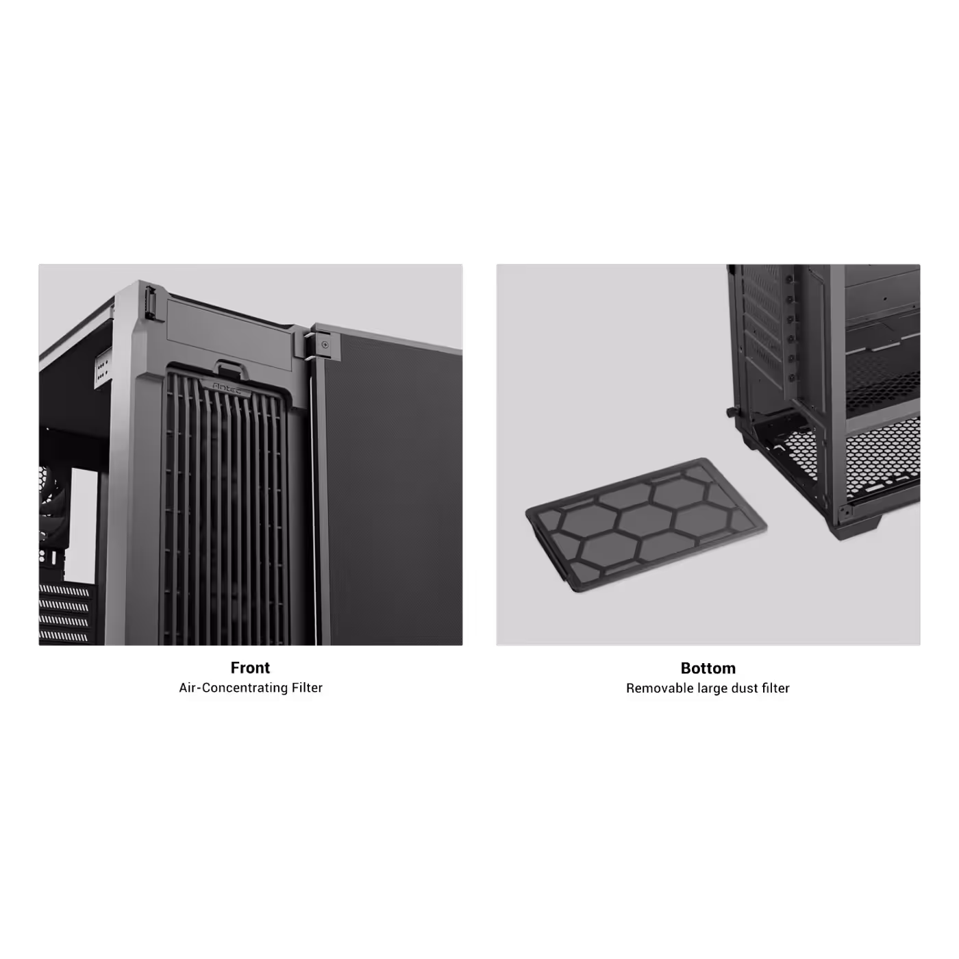 Antec P10C front door open showing the air-concentrating filter and a bottom dust filter being removed