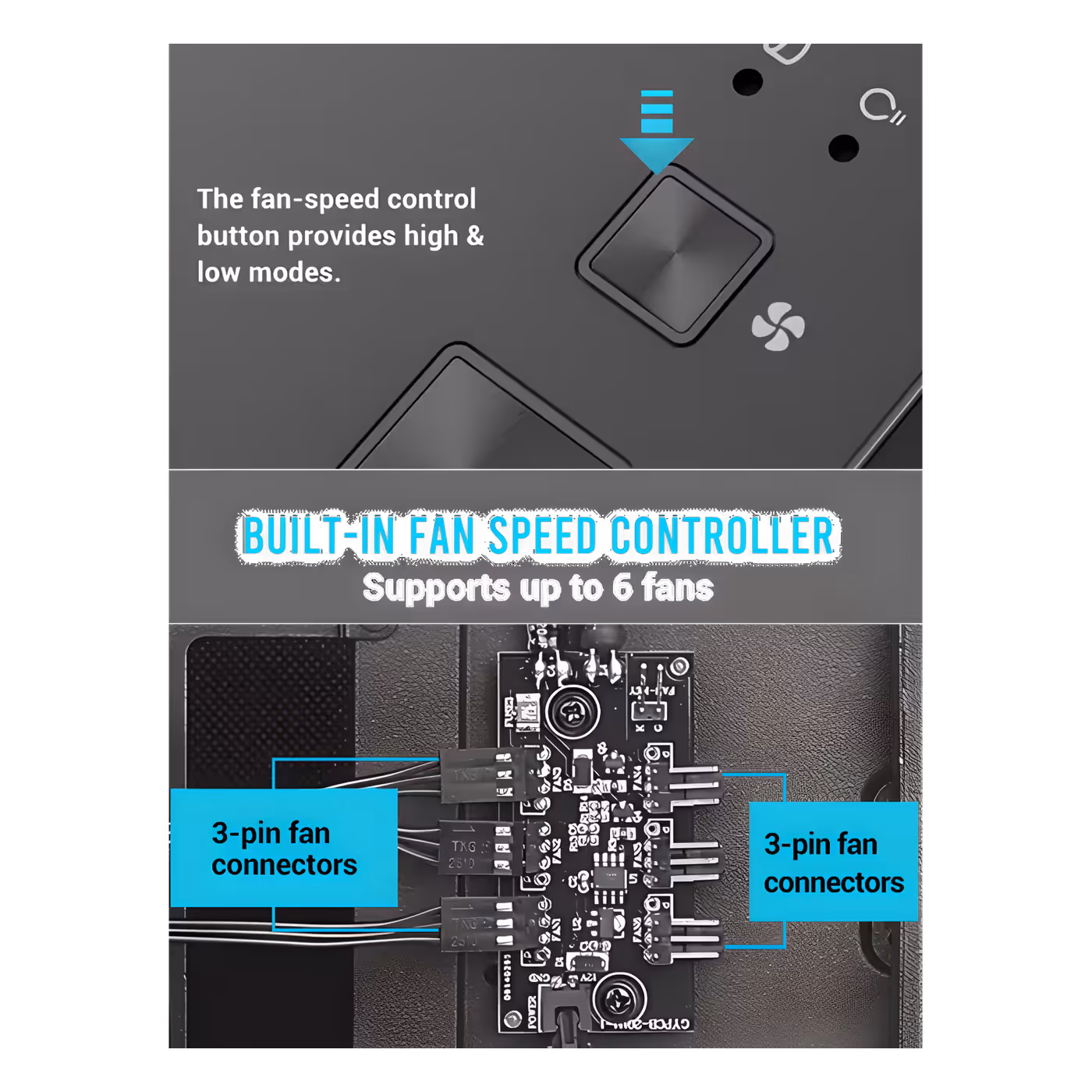 Antec P10C fan speed controller board with fan connectors and a high and low speed button, close-up