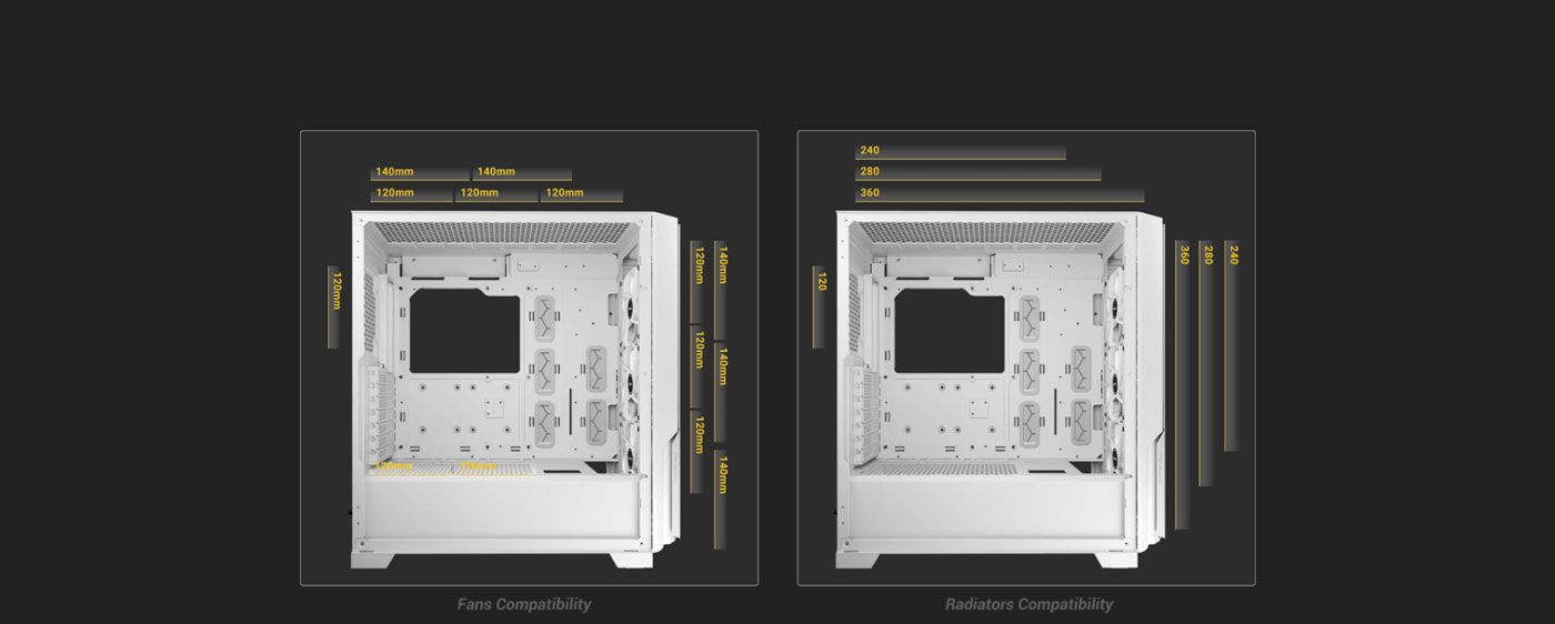 View of the Antec P20C demonstrating extensive fan and radiator placement options