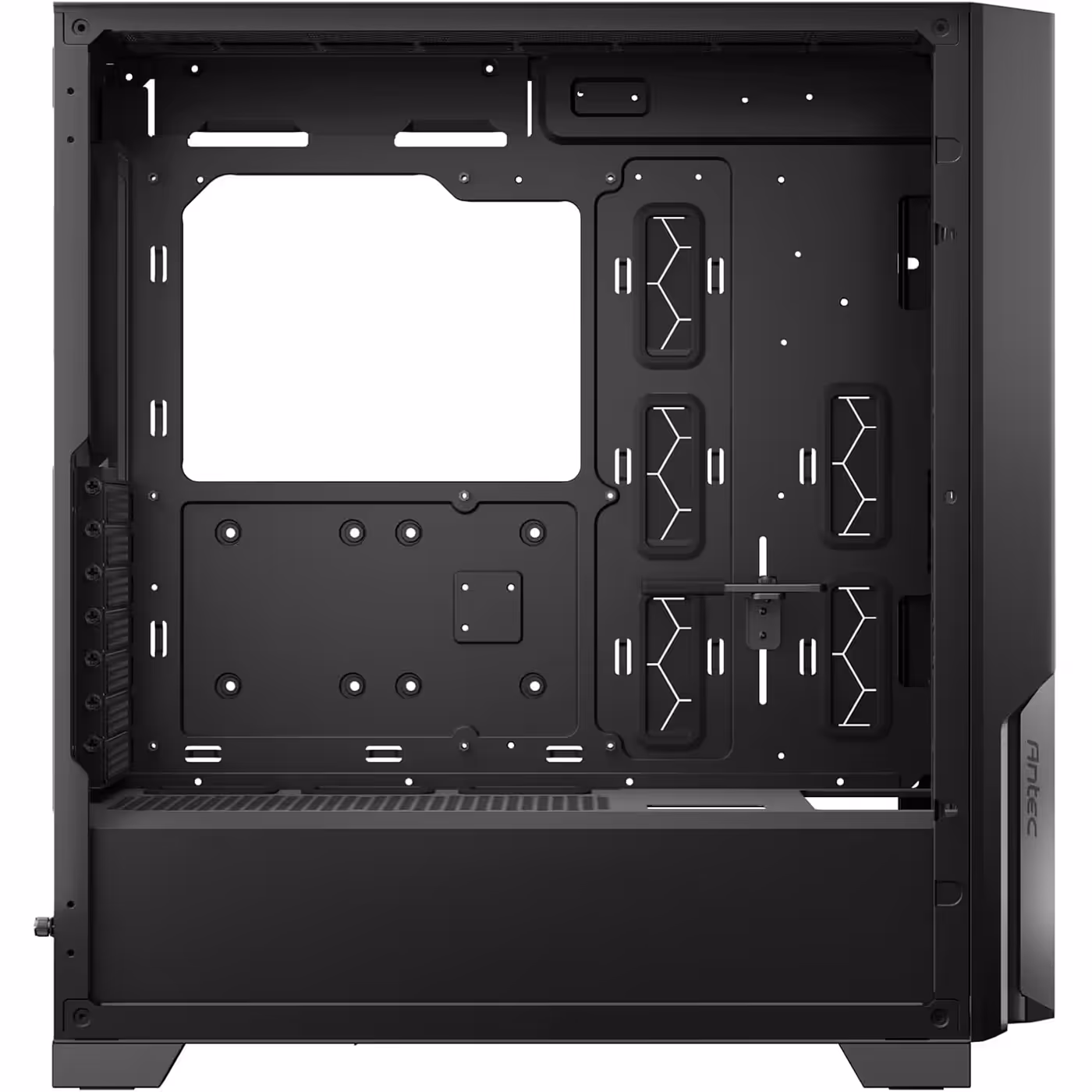 Interior of the black Antec P20CE with the large motherboard tray and PSU shroud