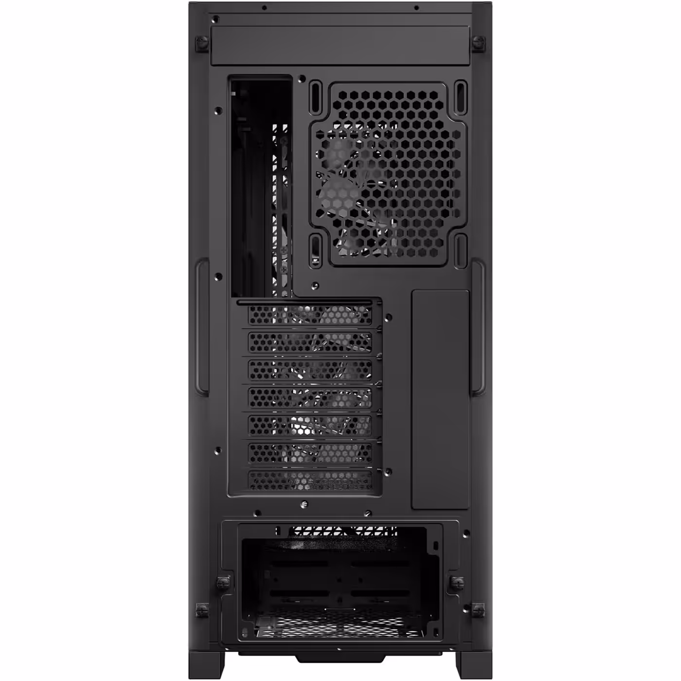 Rear of the black Antec P20CE showing the PCIe slot row and the power supply area