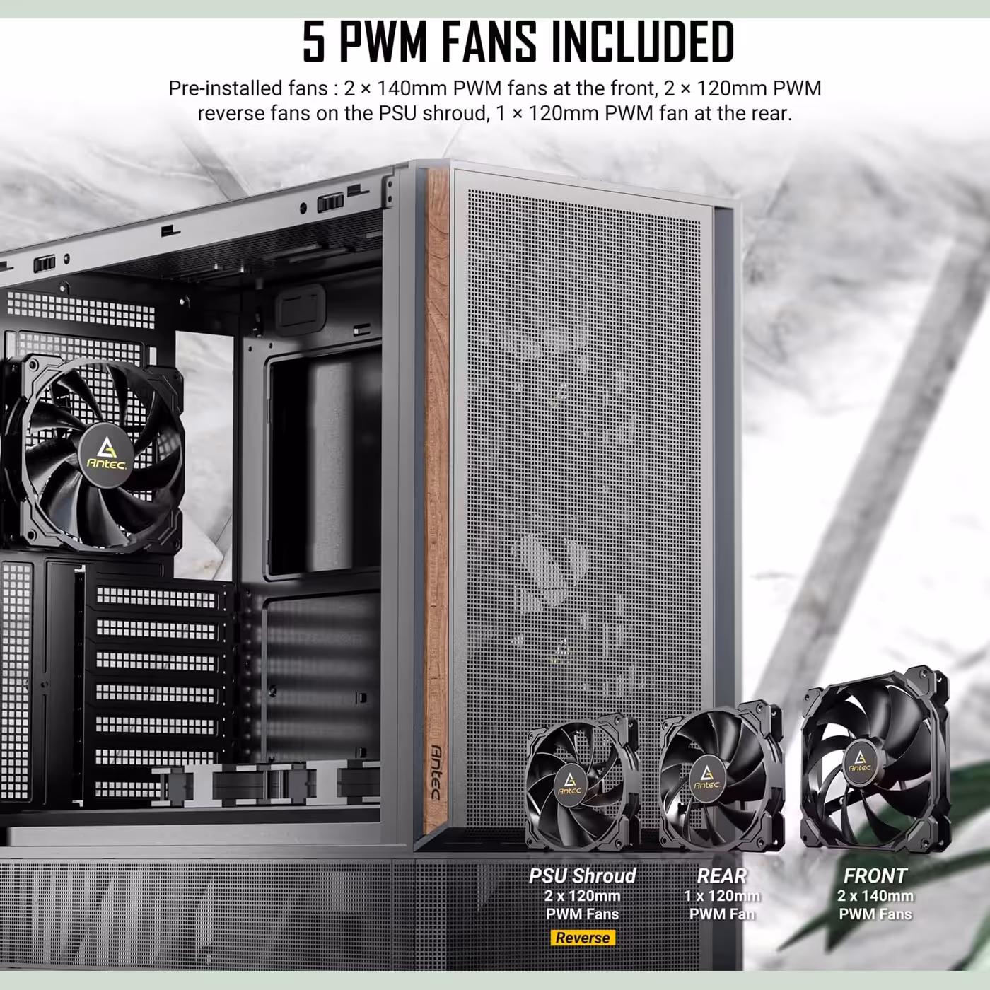 Antec P30 Air with its five black PWM fans shown beside the case