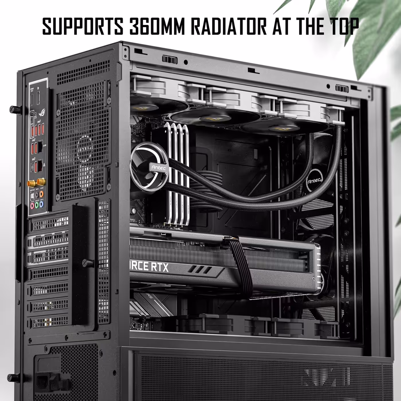 Antec P30 Air with a 360mm radiator fitted at the top and a graphics card below
